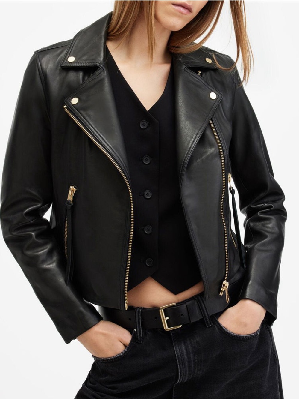 All Saints Black Leather Biker Jacket with Gold Hardware Accents - Picture 4 of 15